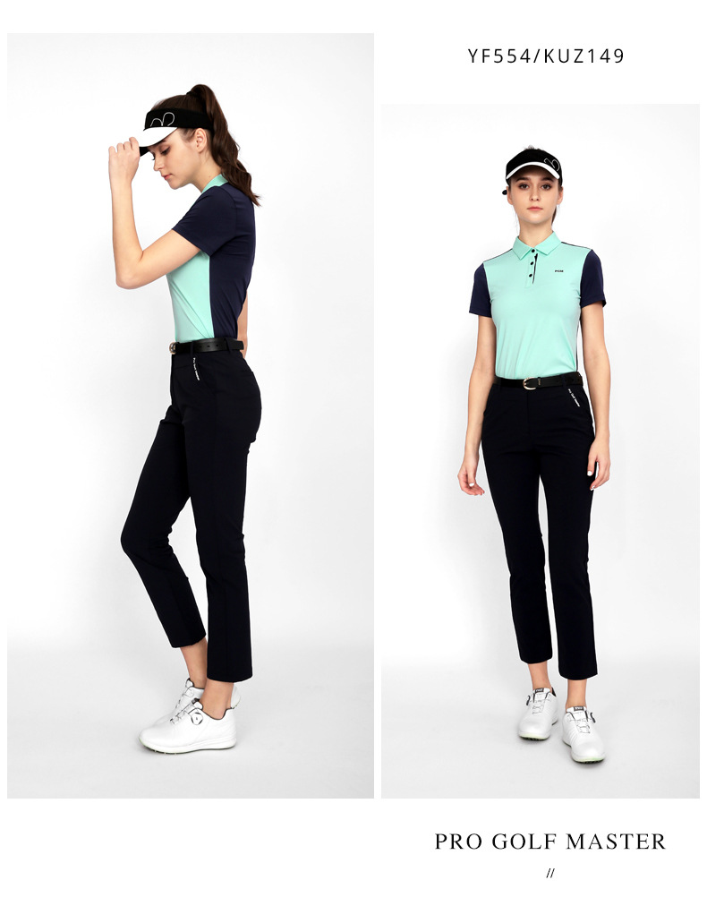 Áo thun nữ ngắn tay phối màu thể thao golf thoáng khí — YF554-Áo màu hồng, YF554-Áo màu trắng, KUZ149-Quần màu xanh nước biển, KUZ149-Quần Trắng chi tiết 11