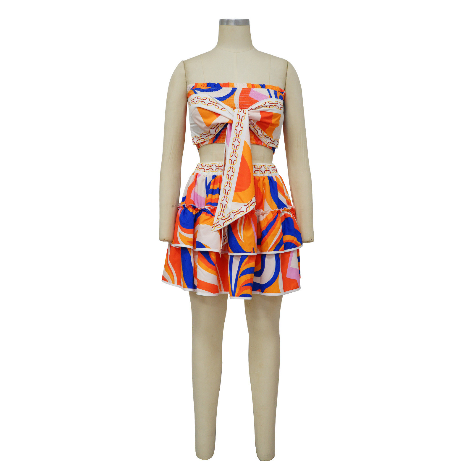 Women Clothing Sexy Sleeveless Backless Skirt Printed Two Piece Suit