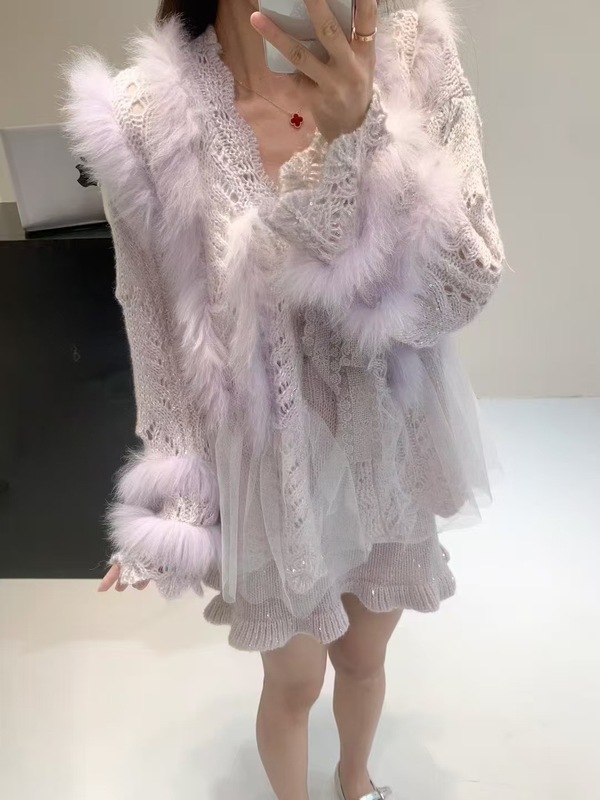 2025秋冬新款慵懒风套装针织毛衣真狐狸毛蕾丝外套女仙气飘飘|undefined