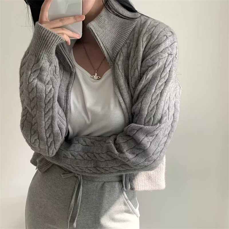 翻领拉链毛衣女秋冬新款复古日系宽松慵懒风麻花立领针织打底开衫