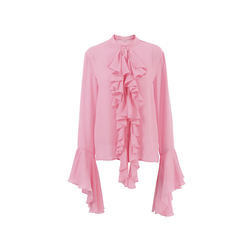 Women's Clothing White chiffon design round neck bell sleeves ruffled women's shirt 2024 spring and summer new fashion women's shirt_voghion.com