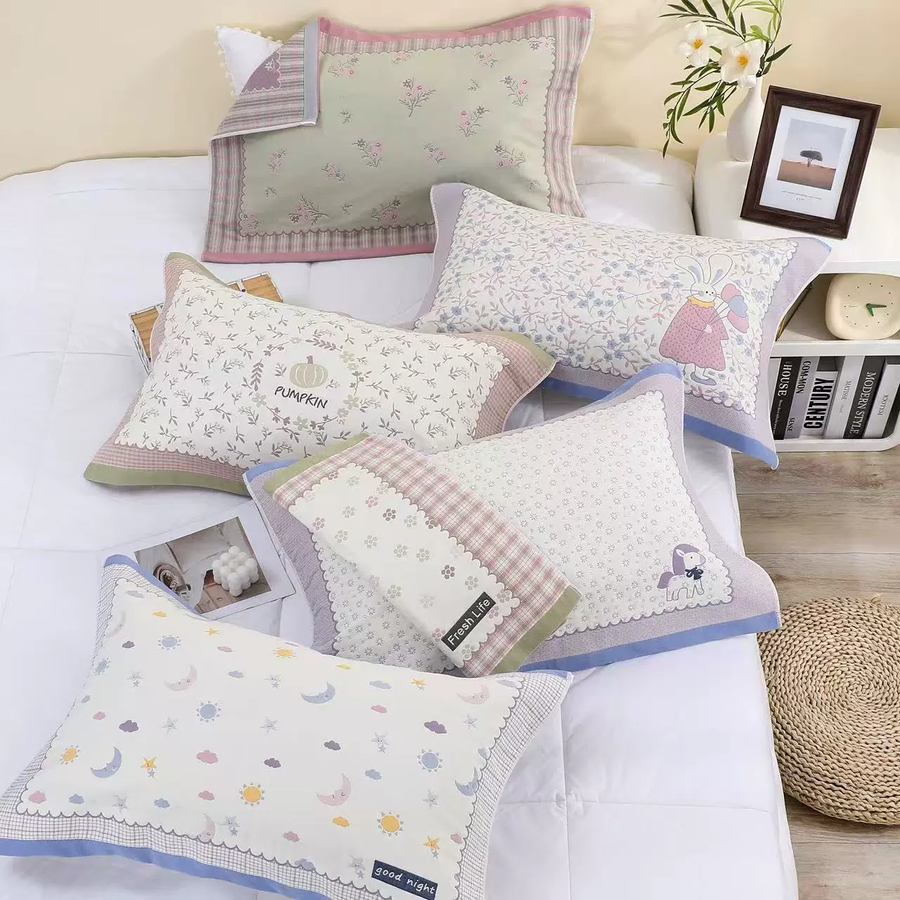 高密纯棉纱布枕巾一对装全棉成人枕头巾吸汗透气学生宿舍花色多样