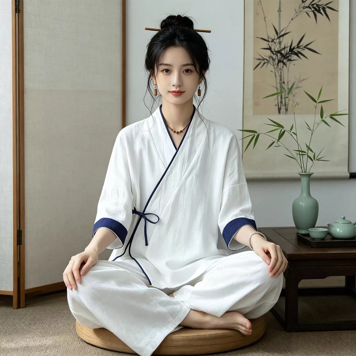 居士服女款夏季禅意佛系女装中式斜襟系带棉麻上衣改良汉服禅修服