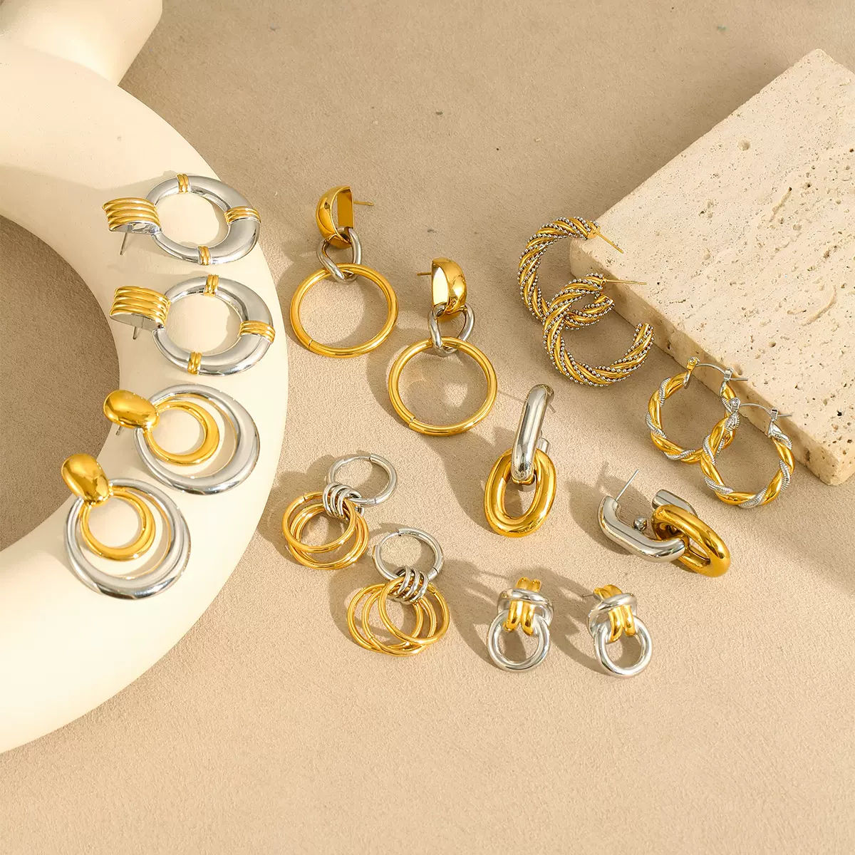 欧美金银拼色不锈钢圆圈耳环高级ins小众设计钛钢耳饰品跨境热销