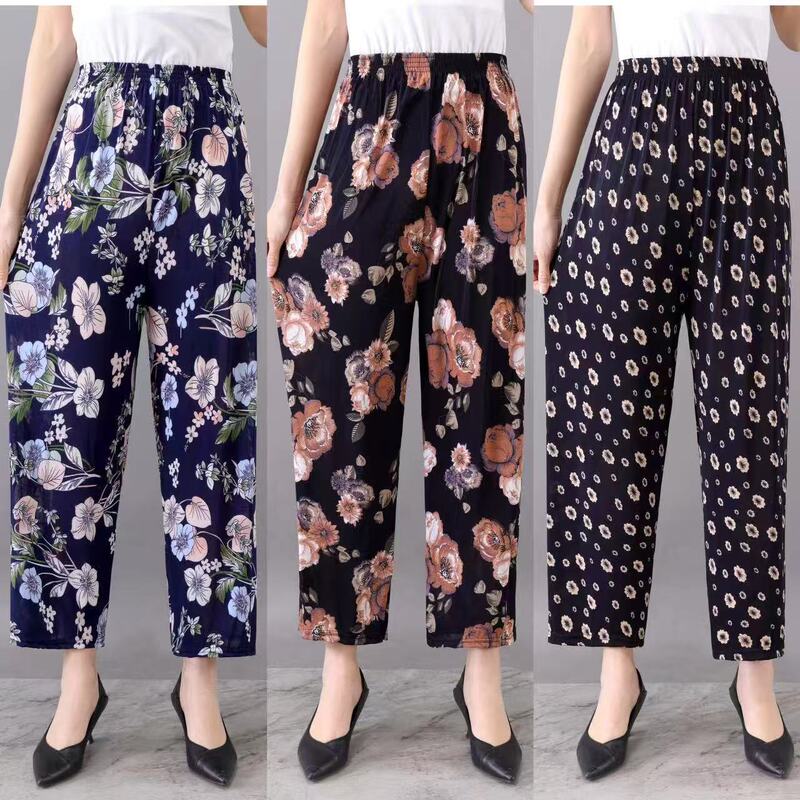Wholesale Ice Silk Women's Pants Summer Middle-Aged Mom Pants Casual Pants Plus Size Fashion Elderly Women's Pants Wide-Leg Pants