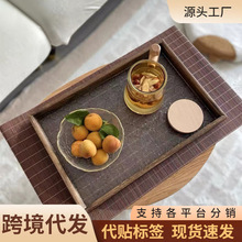 复古茶盘实木质托盘ins风海棠花轻奢长方形菱形盘子放茶杯玻璃盘