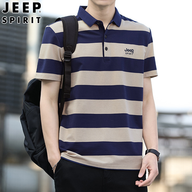 JEEP SPIRIT Men's Lapel Striped Short-sleeved T-shirt Men's Summer Breathable Business Casual Comfortable Cotton T