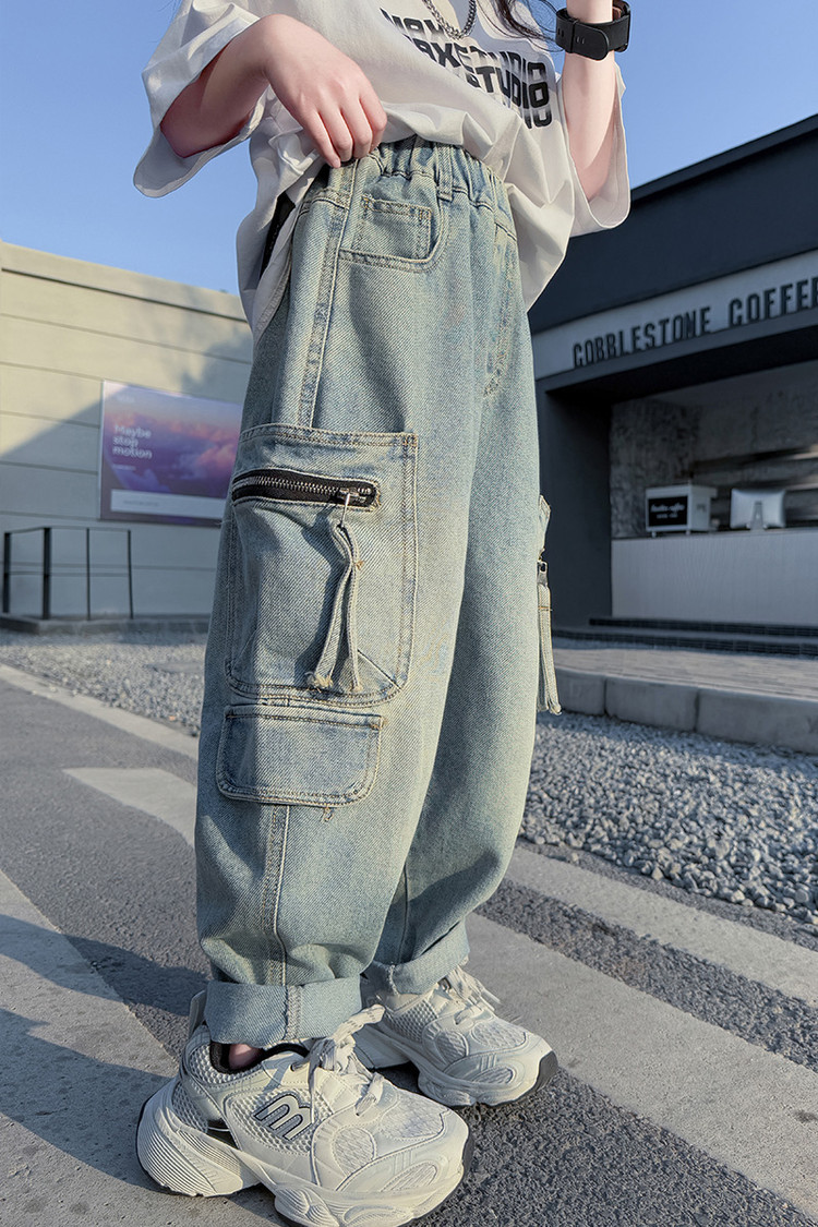 Dívčí široké džíny s kapsami a zipem modré ležérní styl_voghion.com