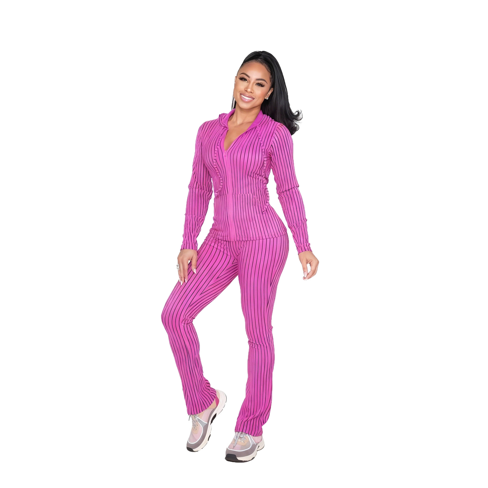 CM9542 Geripptes Kapuzen-Sportset für Damen, Herbst/Winter, hohe Elastizität, bedruckt, lässig, offene Tasche, europäisch-amerikanischer Stil_voghion.com