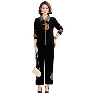 お母さんの春の服の洋風の金のベルベットのスーツの中高年の女性の春秋の中国風の唐の服の上着のカジュアルな2つのセット|undefined