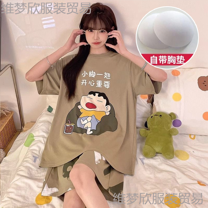 带胸垫一体式睡衣女夏季短袖短裤大码可爱简约甜美少女家居服套装