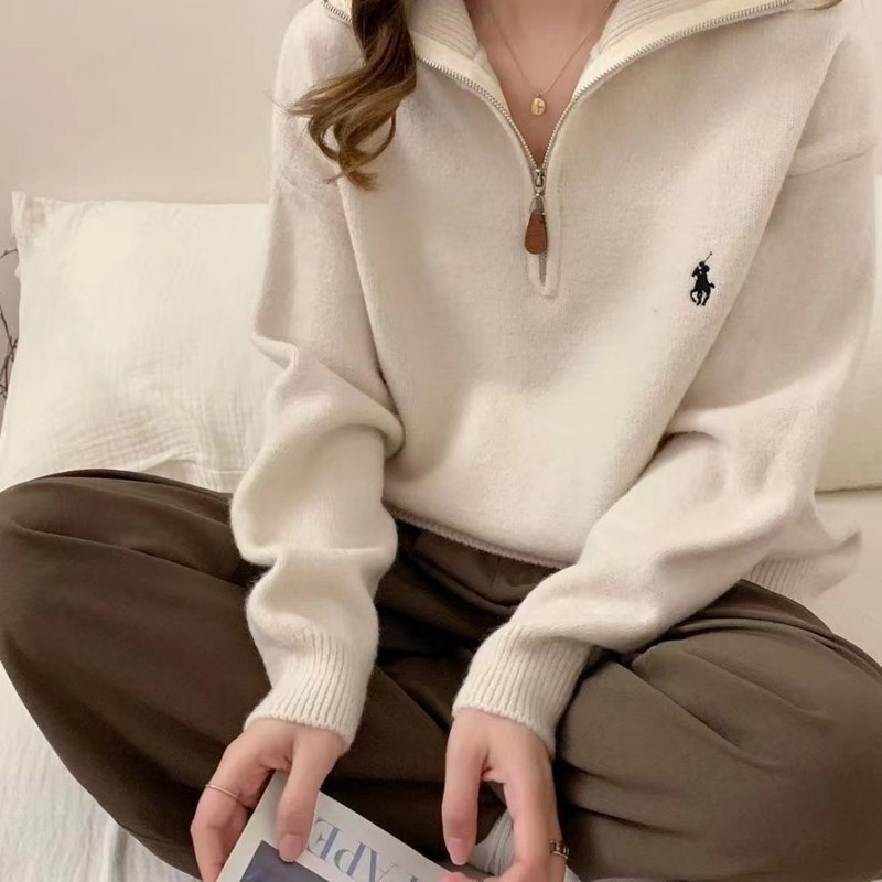 韩系小马刺绣半拉链翻领套头毛衣女秋冬季新款宽松百搭针织衫上衣|undefined