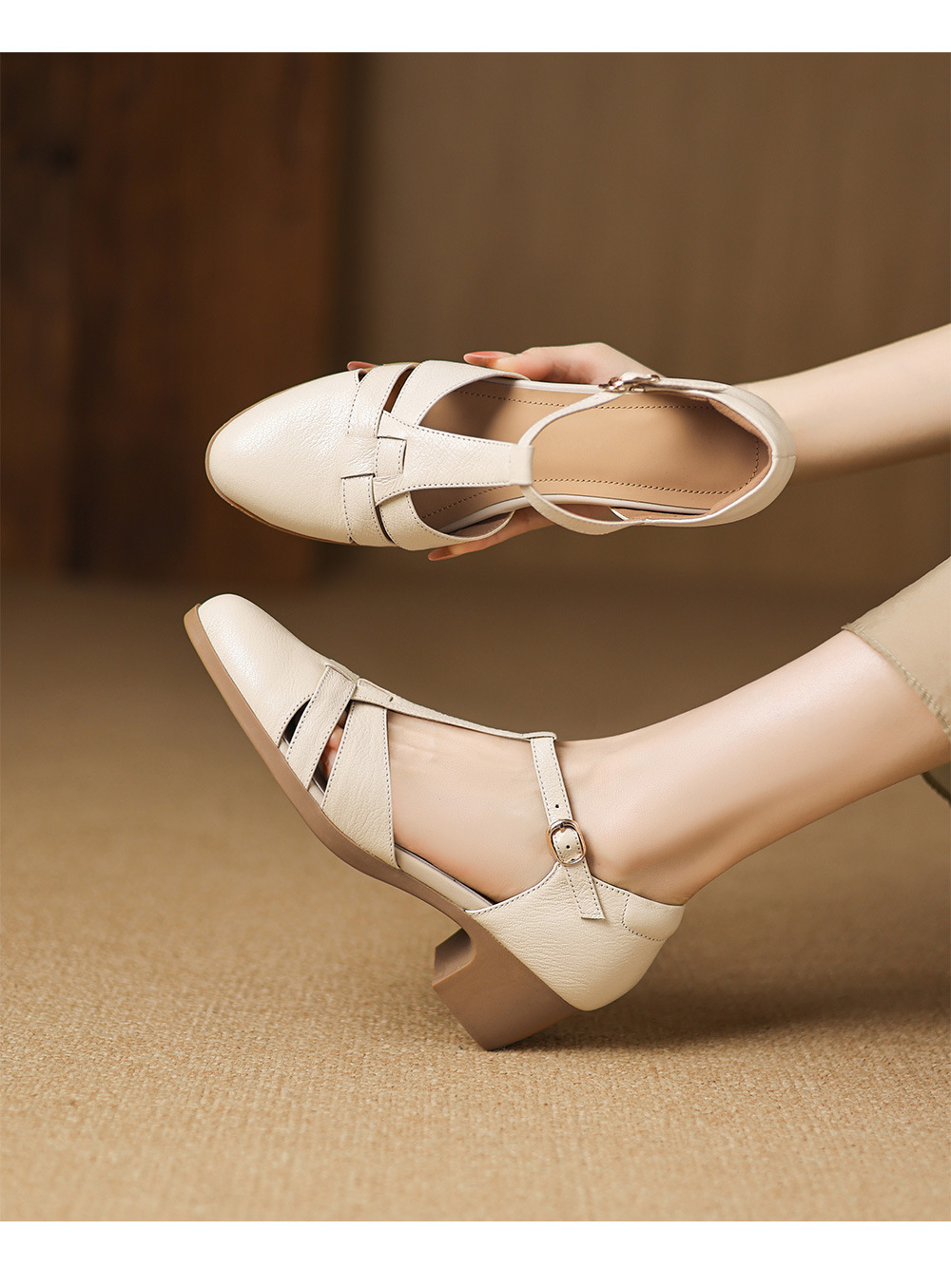 Sandal nữ gót vuông quai ngang phong cách La Mã, đế rỗng, dệt chéo khóa T — đen chi tiết 8