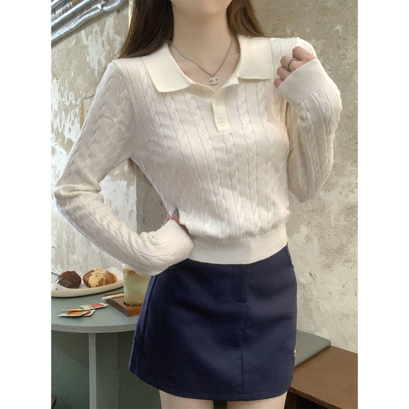 Korean Style Retro Twist Polo Collar Wool Knitwear Autum New Niche Bottoming Knitwear Long-Sleeved Short Top for Women