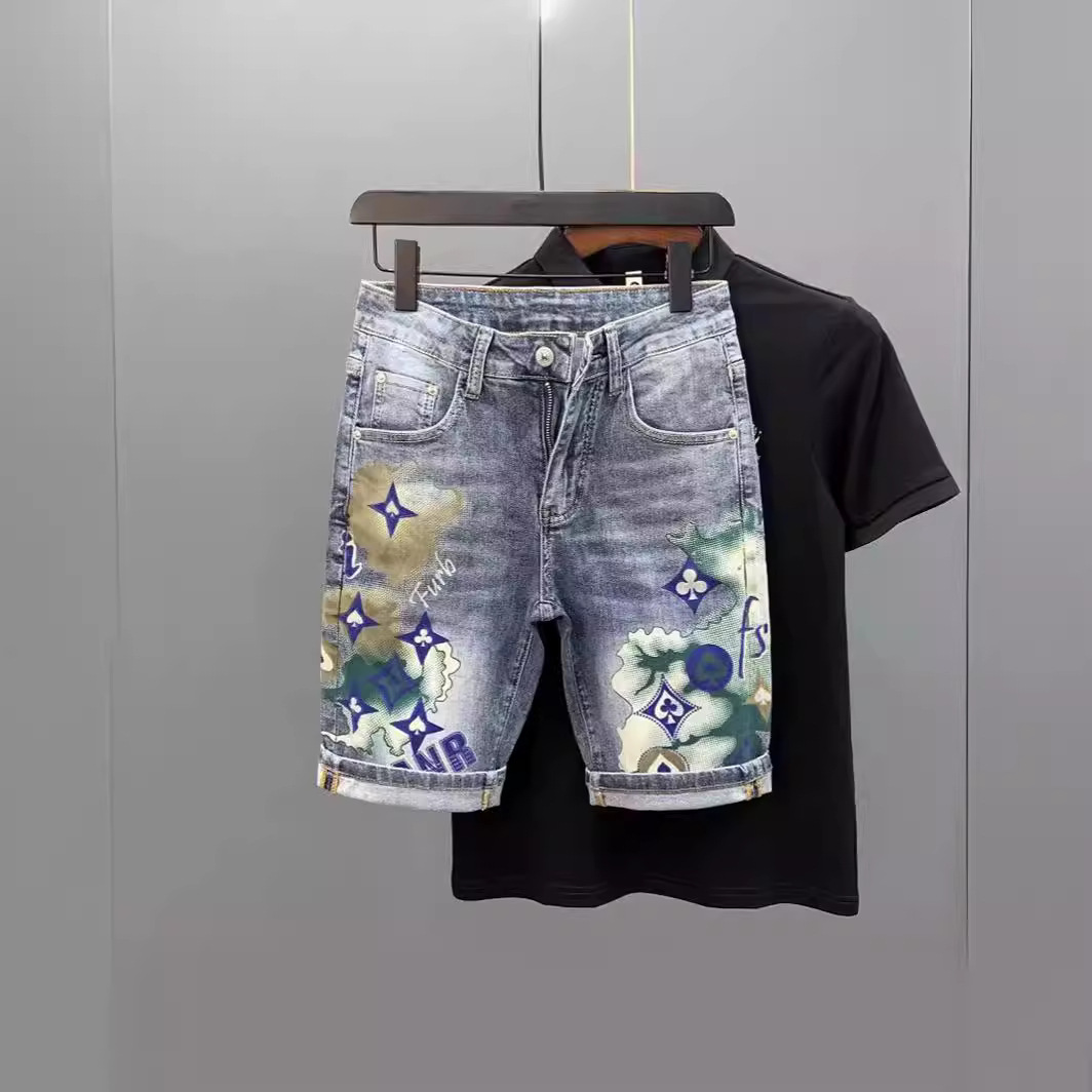 欧洲站夏季牛仔短裤男士个性印花修身时尚轻奢休闲弹力薄款五分裤