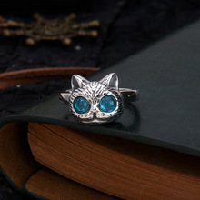 S925純銀 藍眼睛鑲鋯石貓戒指ins復古泰銀個性肌理感潮款可愛指環
