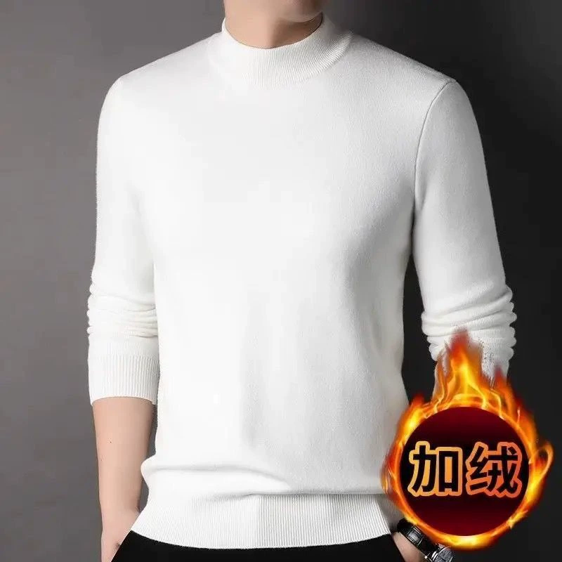 Knitted black sweater, fitted warm long-sleeve, high collar, round collar