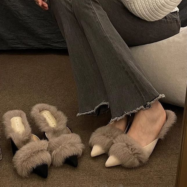 外穿百搭配裙高跟鞋女2024秋季浅口包头拖鞋晚晚风气质防滑鞋韩版