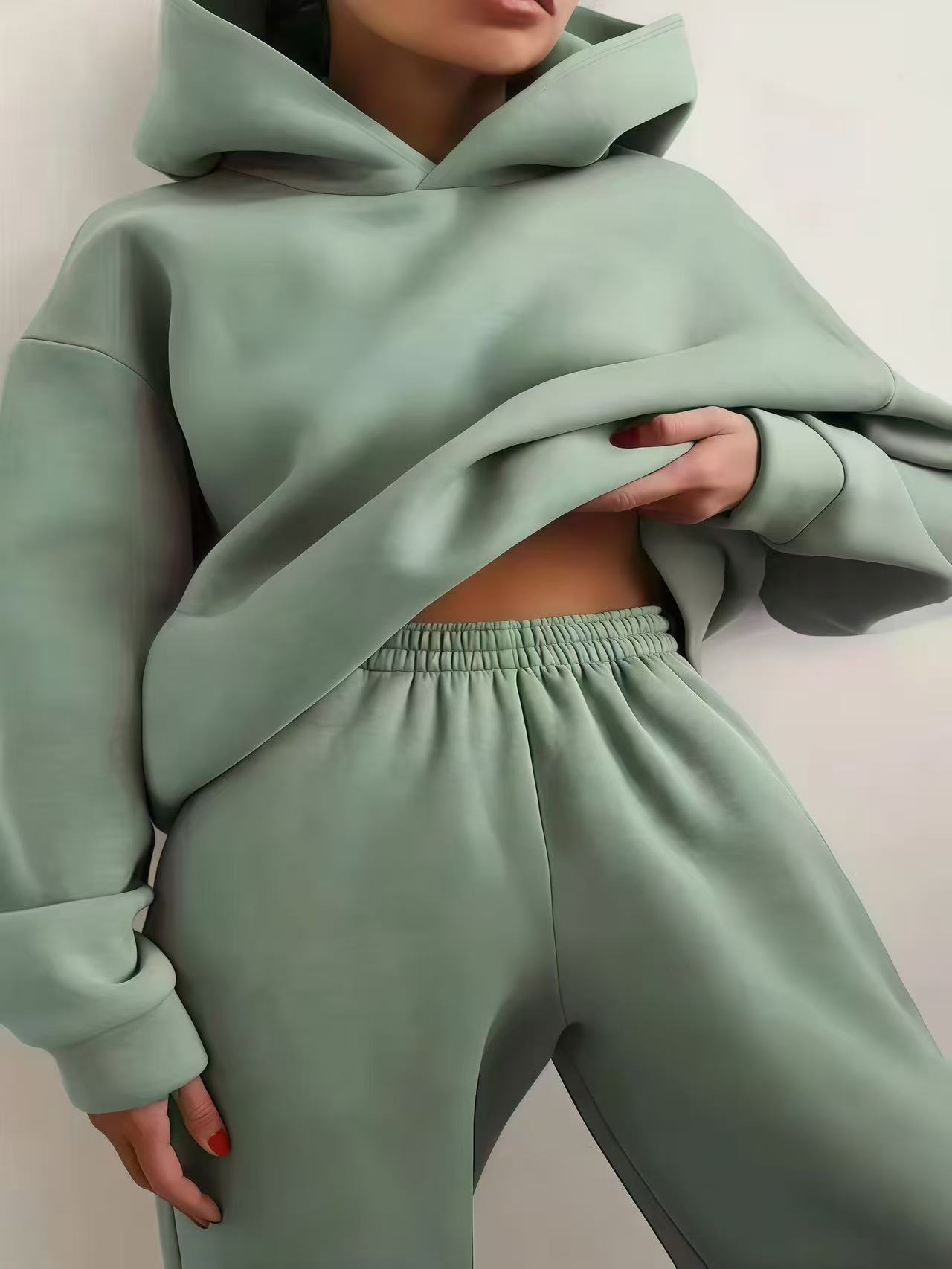 European and American Style Casual Comfortable Home Loose Jogging Hooded Knit Sweatshirt and Sweatpants Two-Piece Women's Set
