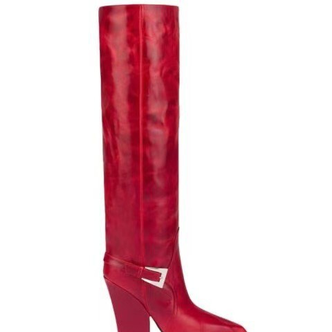 2024 Autumn and Winter Women's Long Boots Square Head Thick Heel Pedal Straight Red Belt Buckle Sleeve plus size Knee-high Boots