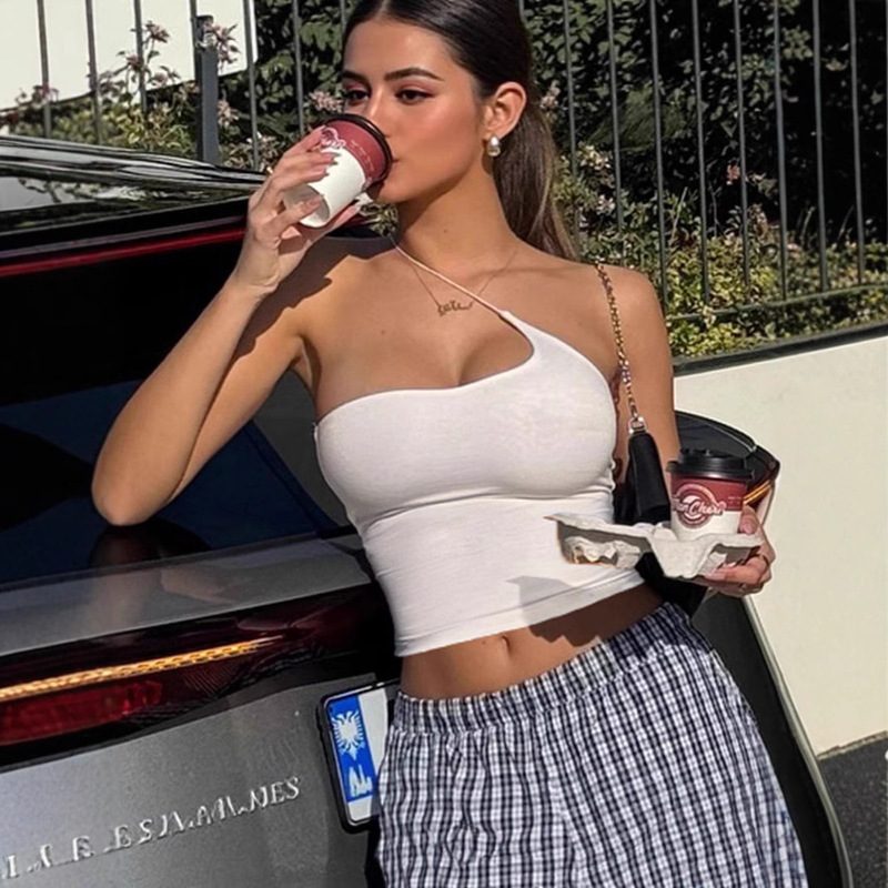 European and American Cross-Border Lv Women's Simple One-Shoulder Design Versatile Lv Tight-Fitting Asymmetrical Summer Camisole Top