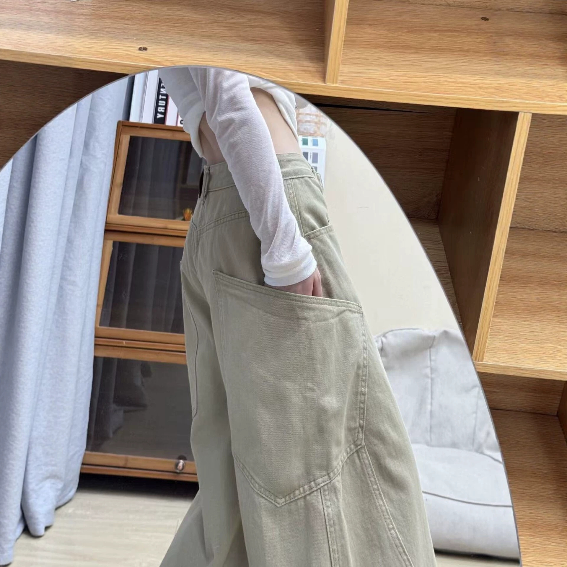 Khaki work pants for women, new autumn style, slimming curved-leg pants, suitable for plus-size figures, American-style, relaxed and casual, crescent-shaped pants