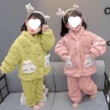 女童珊瑚绒睡衣冬季加绒加厚法兰绒保暖女宝宝卡通女孩家居服套装