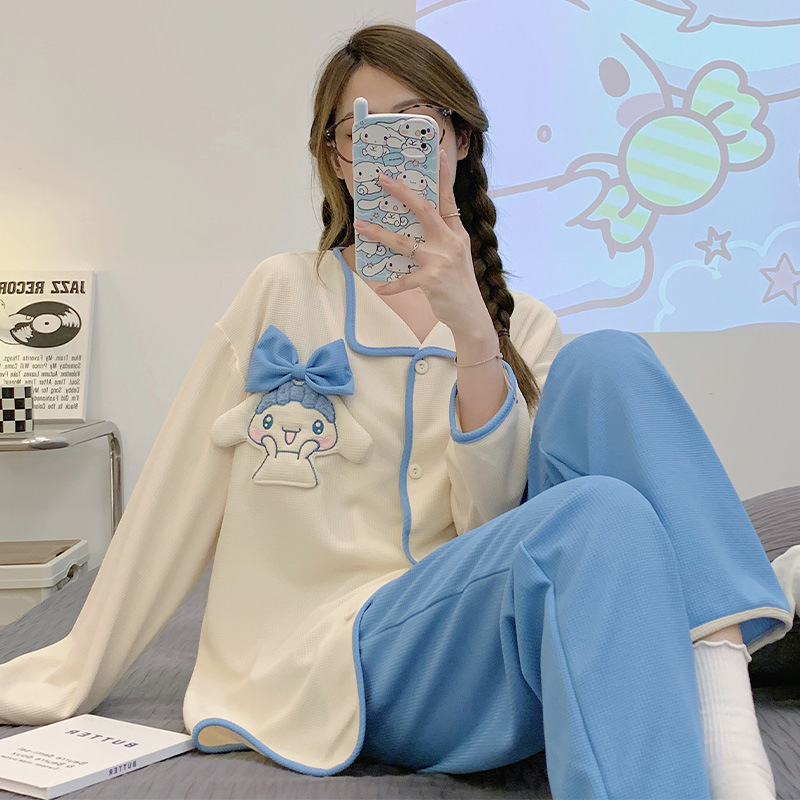 Más tamaño nuevo pijamas de las mujeres waffle algodón otoño y el invierno manga larga pequeña solapa cardigan linda chica traje hogar desgaste