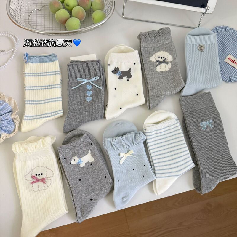 Spring and Summer New Korean Style Blue and White Style Polo Dot Small Bow Socks Korean Style Ins Low-Cut Mid-Shot Socks Breathable for Women