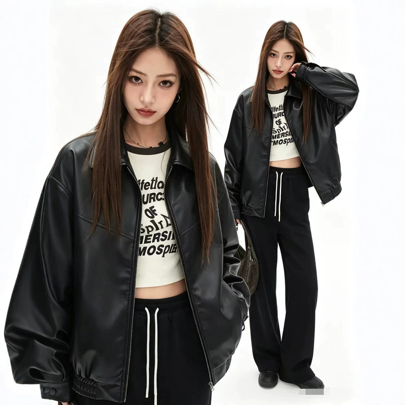 Foreign Trade Wholesale Autumn and Winter New Women's Clothing High-End Style Lapel Long-Sleeved Zipper Faux Leather Casual Jacket Foreign Trade Wholesale Autumn and Winter New Women's Clothing High-End Style Lapel Long-Sleeved Zipper Faux Leather Casual Jacket