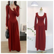 8147高级感气质大圆领连衣裙秋季羊毛混纺14针不规则收腰内搭长裙