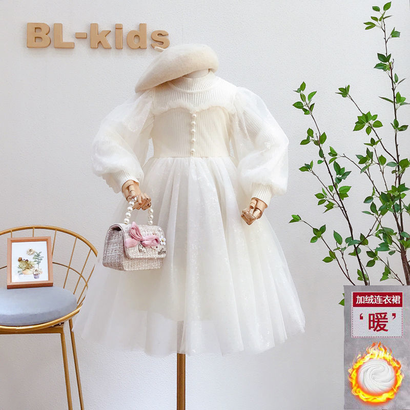 Vestido de princesa Coreana de las niñas 2023 otoño malla linterna manga costura estilo occidental de los niños vestido esponjoso de punto