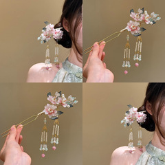 高级感新中式簪花绢花花朵发钗流苏发簪子古典头饰汉服头饰品女