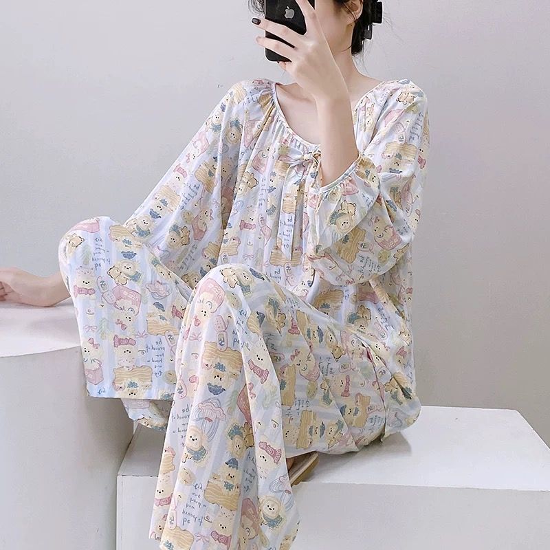 棉绸睡衣家居服慵懒国风睡衣女夏季圆领空调服百搭|undefined