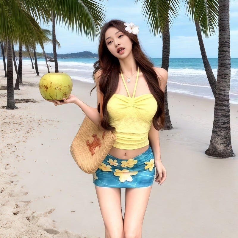 Dopamine Halterneck Tube Top Bikini Summer Seaside Yellow Pure Desire Two-Piece Small Breast Push-Up Split Swimsuit for Women
