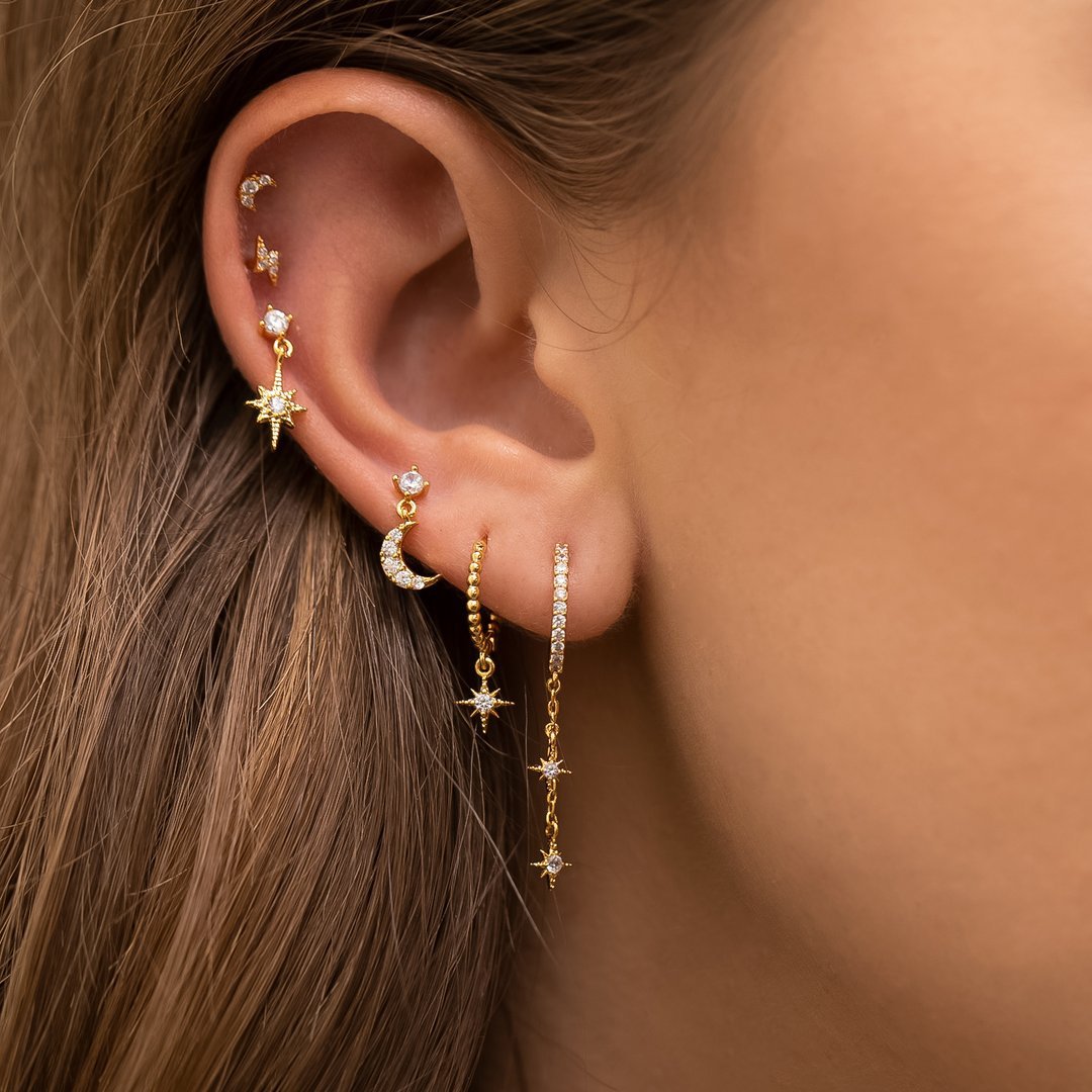 Pendientes de borla con cadena de estrellas y lunas de estilo europeo y americano, juego de pendientes de circonita con estrella de seis puntas para mujer, joyería de oro real de 18k.