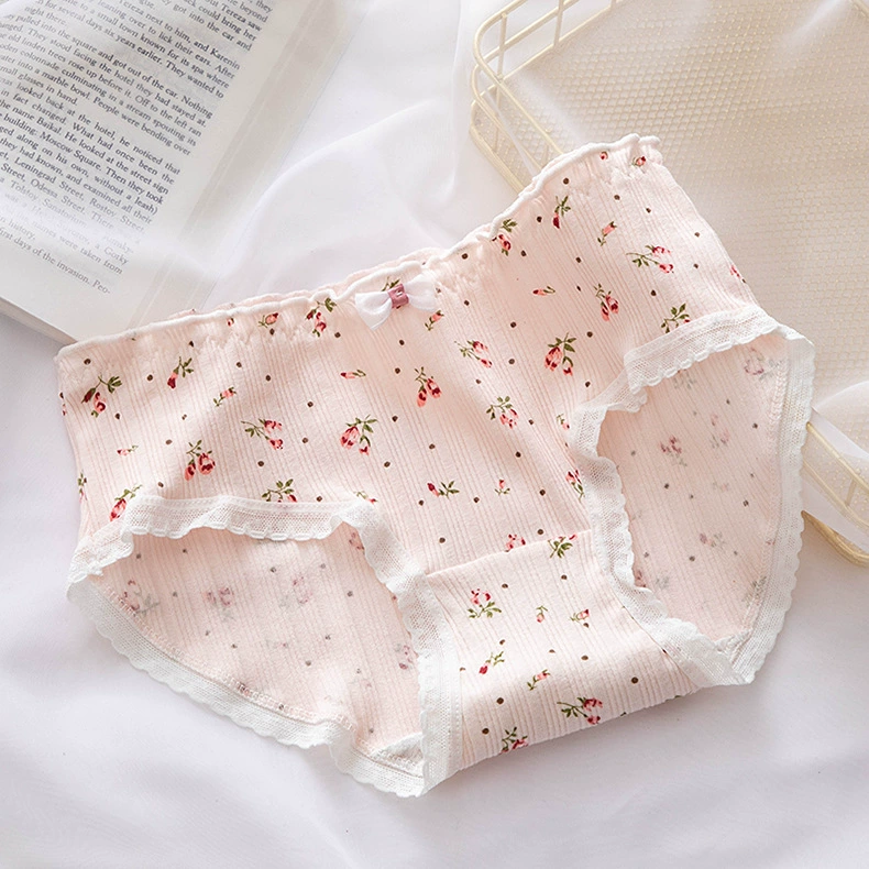 Cotton mid‑rise panties, retro floral print, cute fresh style, sizes M–XL