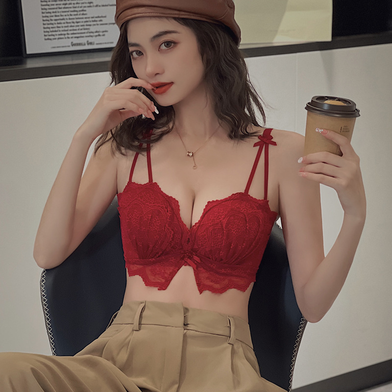 El otoño y el Invierno nuevo encaje sexy ropa interior de las mujeres empuja hacia arriba pequeño sujetador inalámbrico cómodo Palma taza sujetador traje 8255