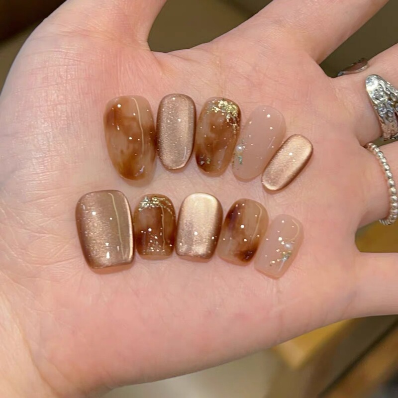 [Chocolate Sauce] Real Shot of Amber Smudged Gold Foil Brown Cat Eye Handmade Wearable Nails Manicure Nails