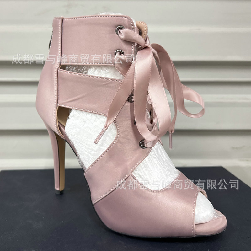 Purple Sardine Fabric Peep-Toe Sandals with Thin and Ultra-High Heels, Cut-Out Front Lace-Up Women's Ankle Boots for Jazz Dance