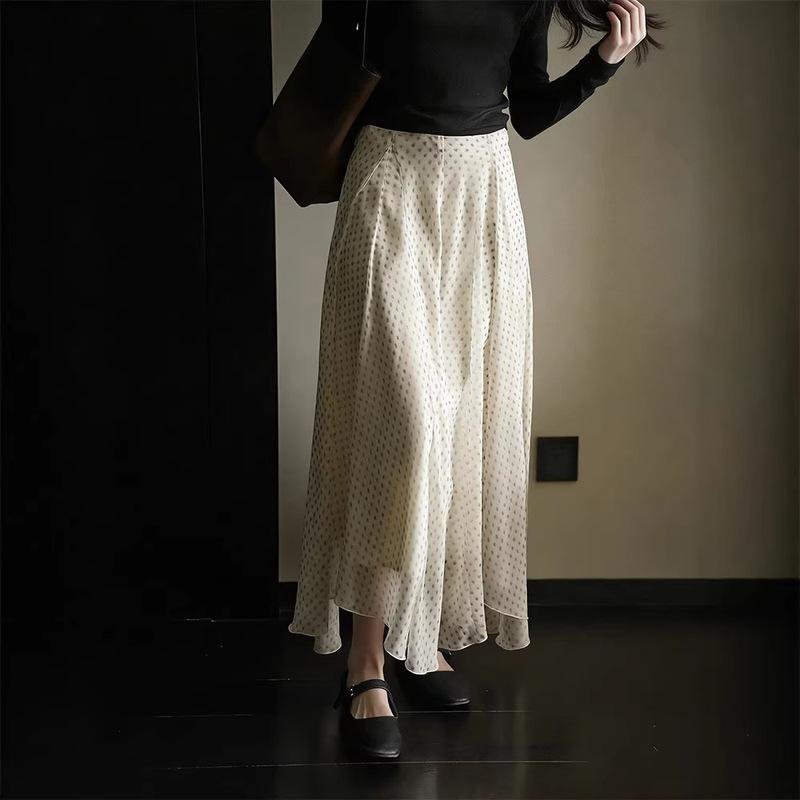 Paris in the Rain: French-Style Irregular Drapey Printed Skirt, Slimming Long Skirt for Women, Early Spring New Model