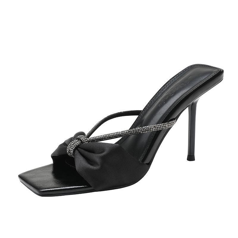 Nude Satin Rhinestone Strap Sandals For Women 2024 Summer New Bow Open Toe Outdoor High Heel Slippers_vogvips.com