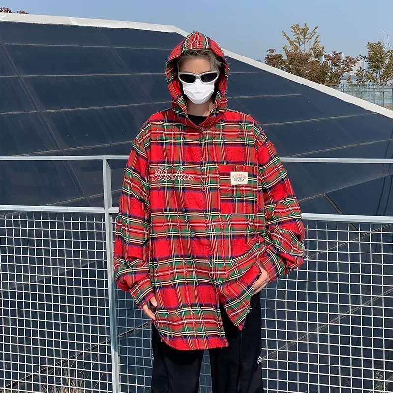 Herenoverhemd met lange mouwen Amerikaans Nieuwjaar Rood Geruit voor Heren Dames Lente Herfst Los en gedragen Mat Capuchon_voghion.com