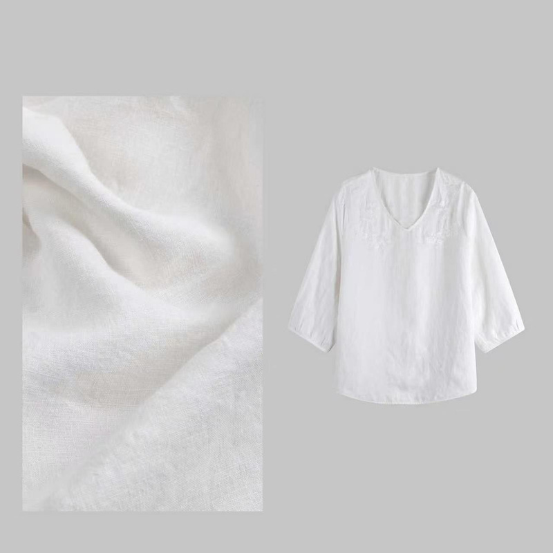 Spring and Summer New Style Women's 60-Count 100% Hemp Loose Embroidered Lightweight Breathable Simple Shirt Top Fsy60433