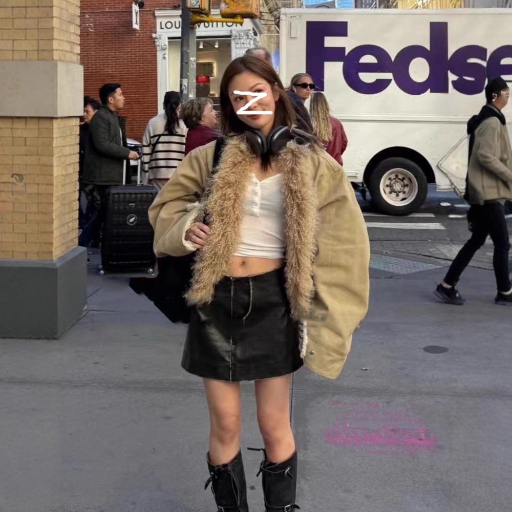 【现货】明星同款滩羊毛沙卡夹克外套卡其皮毛一体真毛皮草大衣女