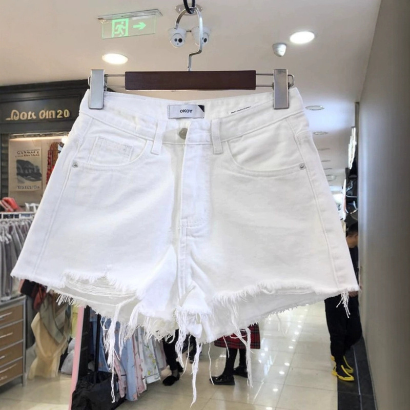 Summer Black and Gray Sweet Cool Fashion High-Waisted Denim Shorts for Women 2025 Wide-Leg Ripped Raw Edge A-Line Denim Shorts