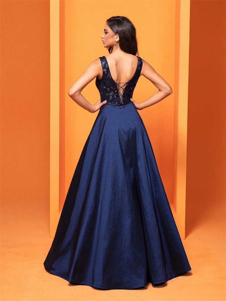 Sexy V neck Sequ Floor Length Evening Dress Elegant Sleeveless a Swing Cocktail Party Party Dress