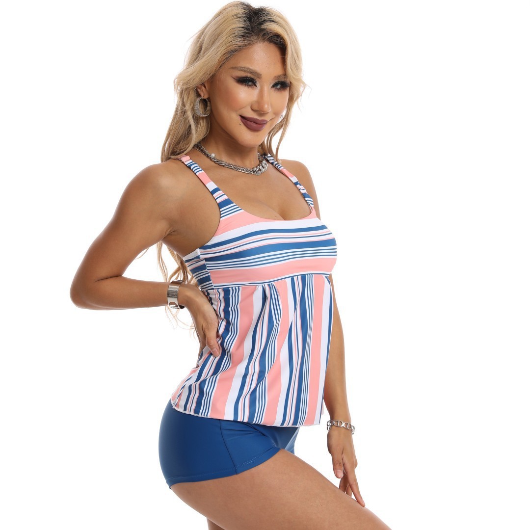 Ensemble bikini de maillot de bain une pièce pour femme, haut rayé à col montant et bas à jupe, tailles S à 5XL, bleu et rose, protection solaire UPF 50+_voghion.com