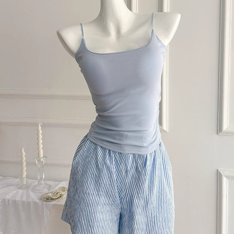 胸パッド付きオールインワンキャミソールレディース夏ピュアセクシーキャミソールストライプショーツパジャマホームウェア2点セット