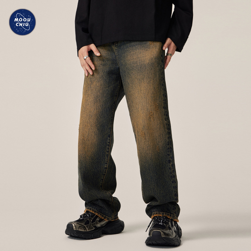 Muqiu Men's Wear ∠ Maillard High Street Old Washed Vintage Jeans Men's Loose Straight Yellow Mud Wide Leg Pants Muqiu Men's Wear ∠ Maillard High Street Old Washed Vintage Jeans Men's Loose Straight Yellow Mud Wide Leg Pants